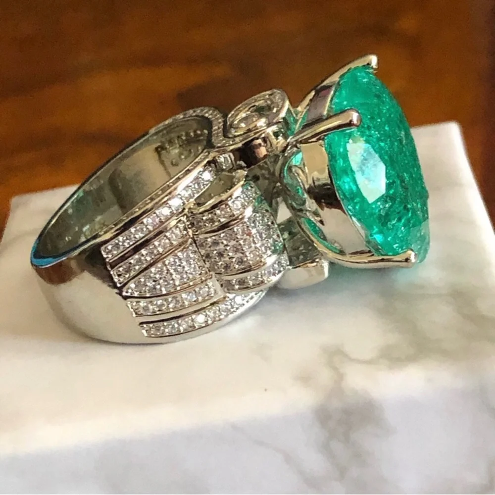 Ladies elegant large paraiba tourmaline emerald heart stone 925 ring 9 NIB